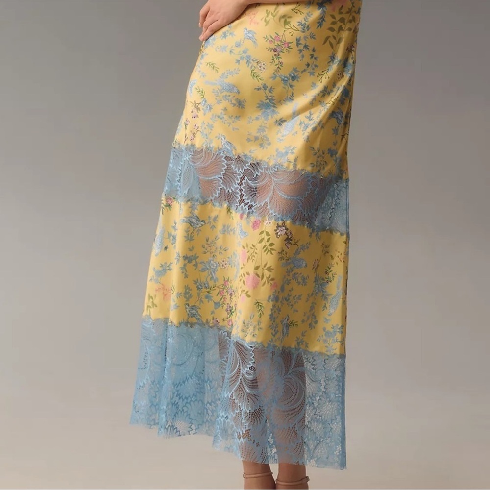 ANTHROPOLOGIE Geisha Designs Asymmetrical Lace Slip Maxi Dress Yellow Floral NWT - Picture 4 of 9